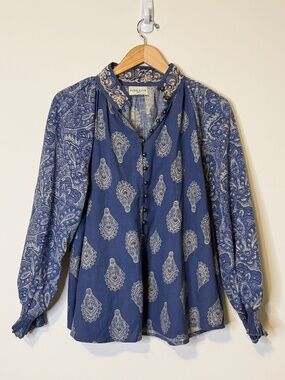 Miss June Paris Blue Paisley Medallion Boho Blouse-Size M/L